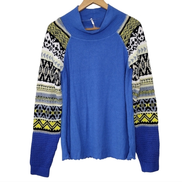 Free People Prism Swit Blue Bell Combo Knit Grannycore Long Sleeve Sweater - Picture 1 of 16
